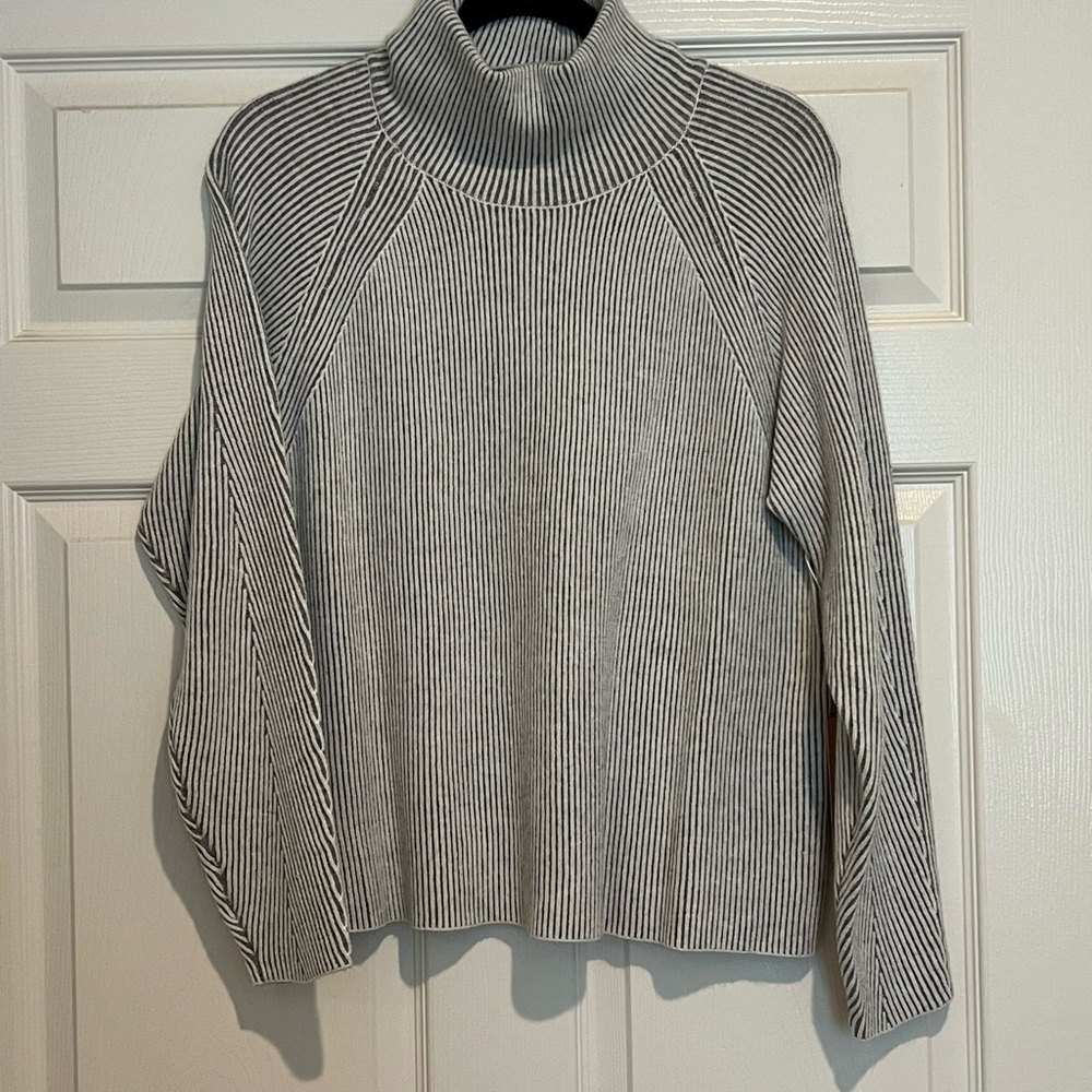 Cyrus Gray and White Striped Cowl Neck Sweater